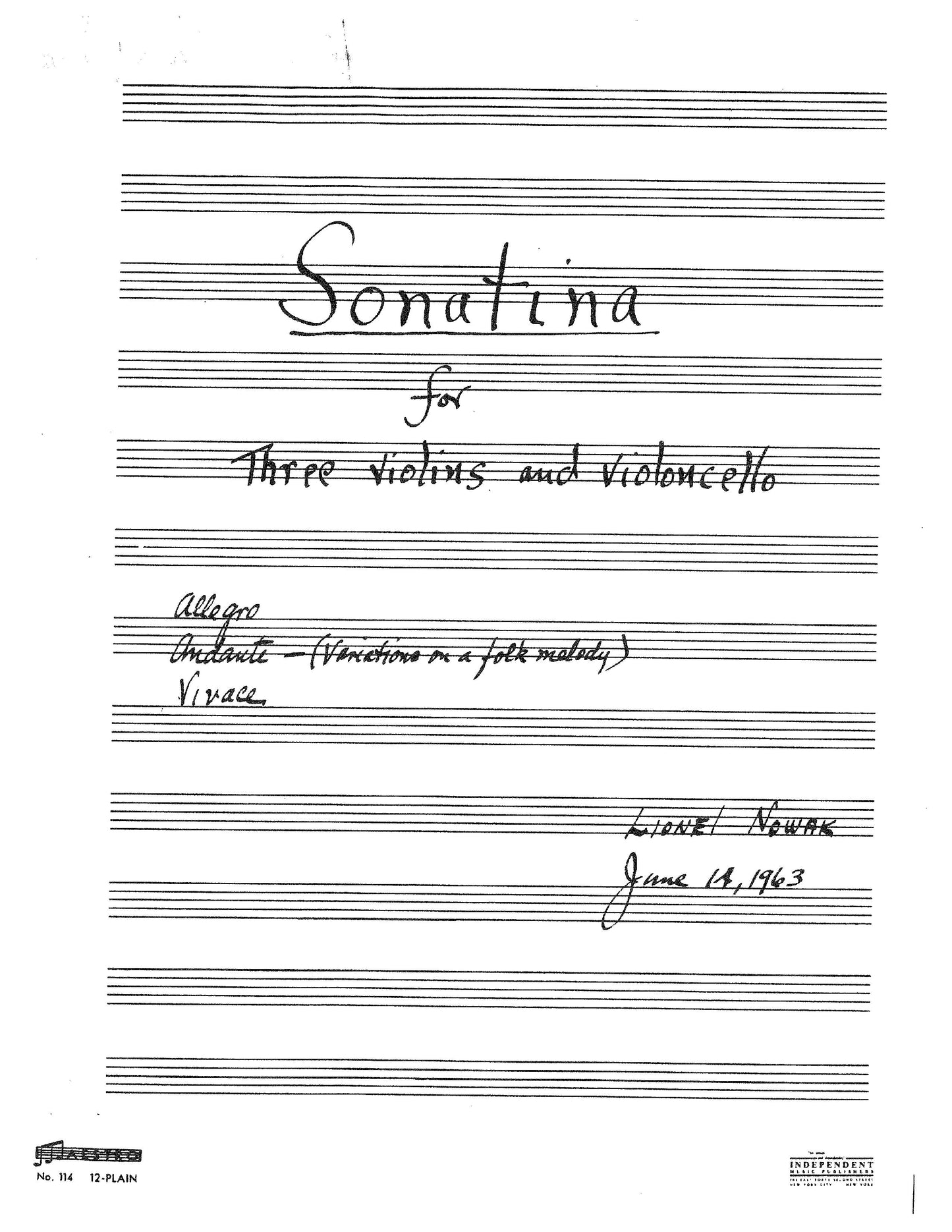 SONATINA for Thee Violins and Violoncello