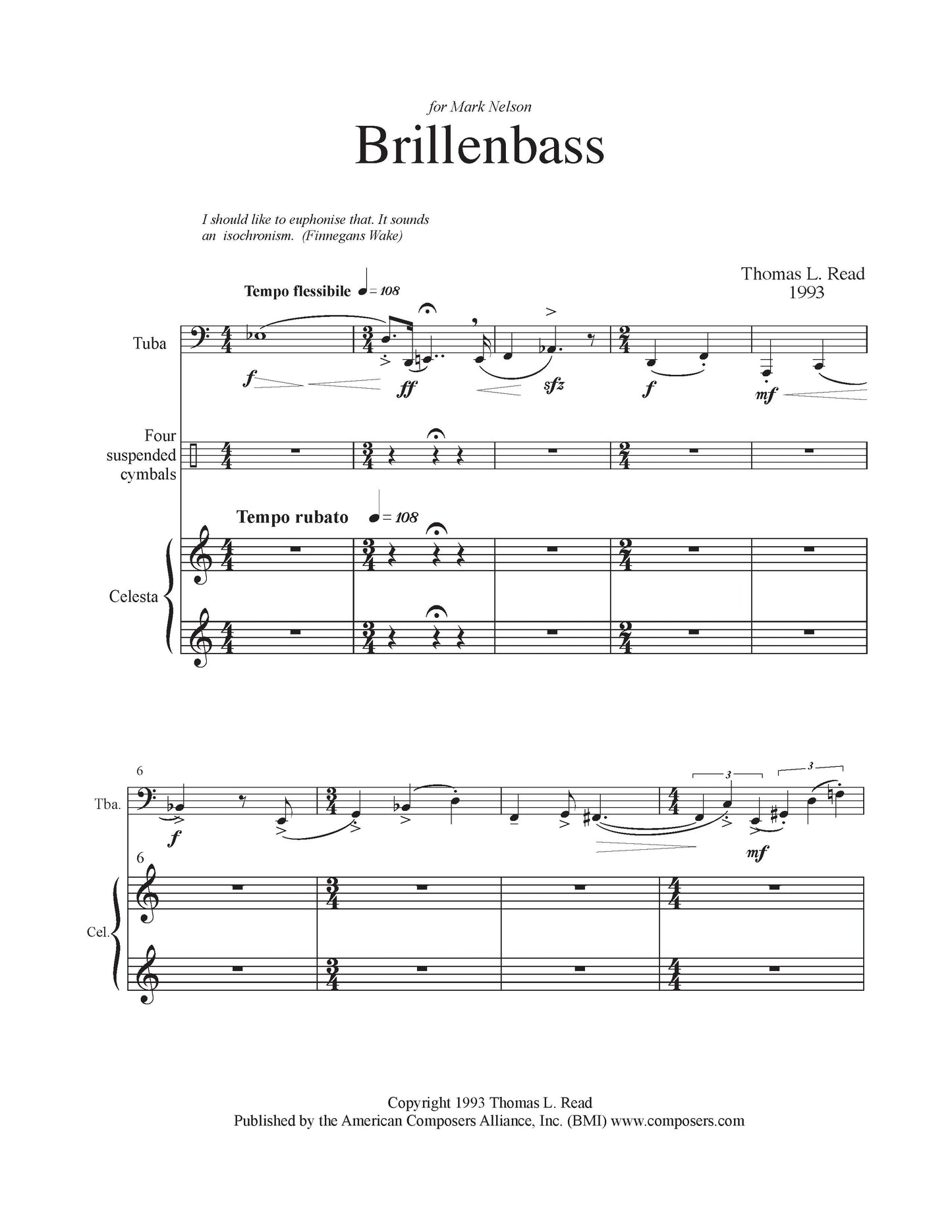 Brillenbass for for Tuba, Celesta, and Cymbals