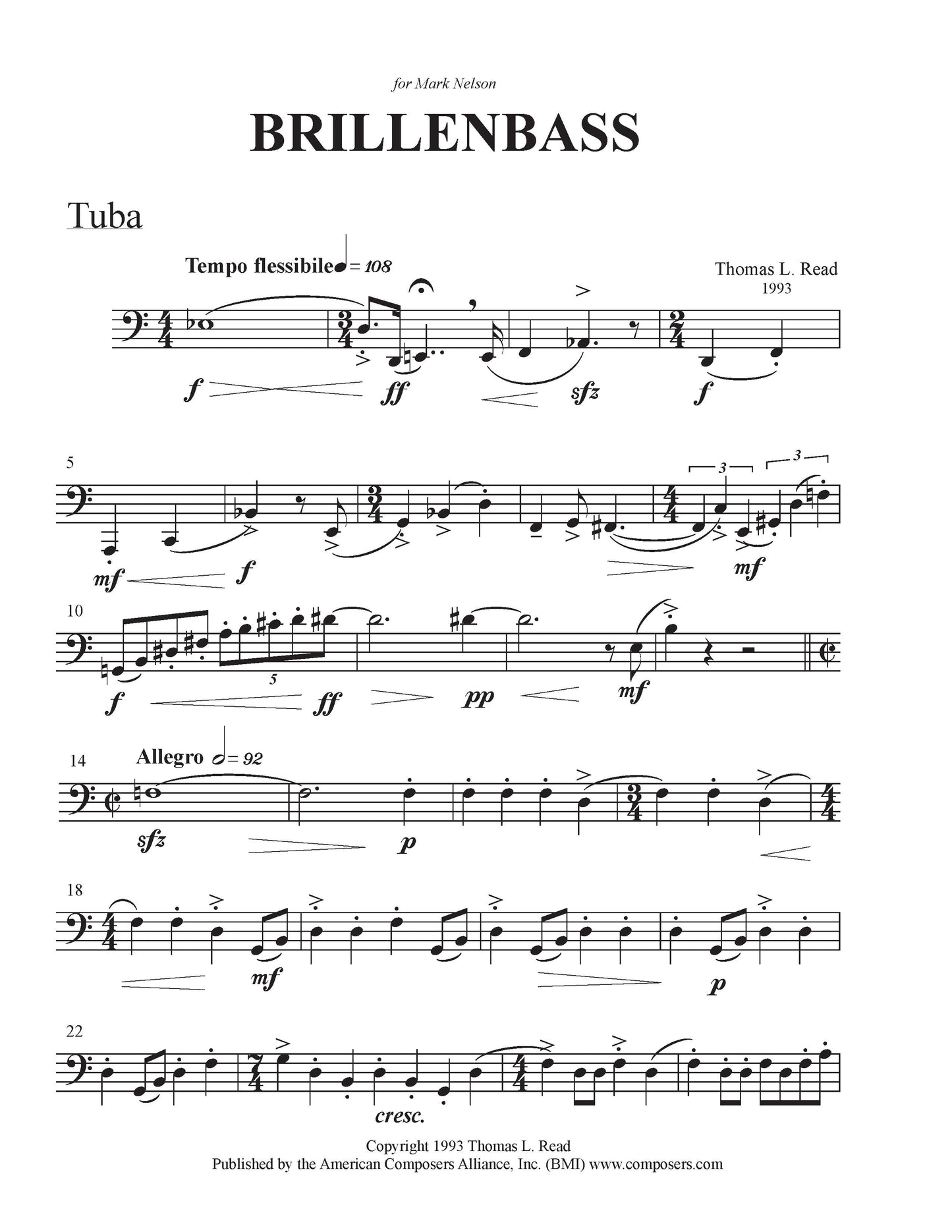 Brillenbass for for Tuba, Celesta, and Cymbals