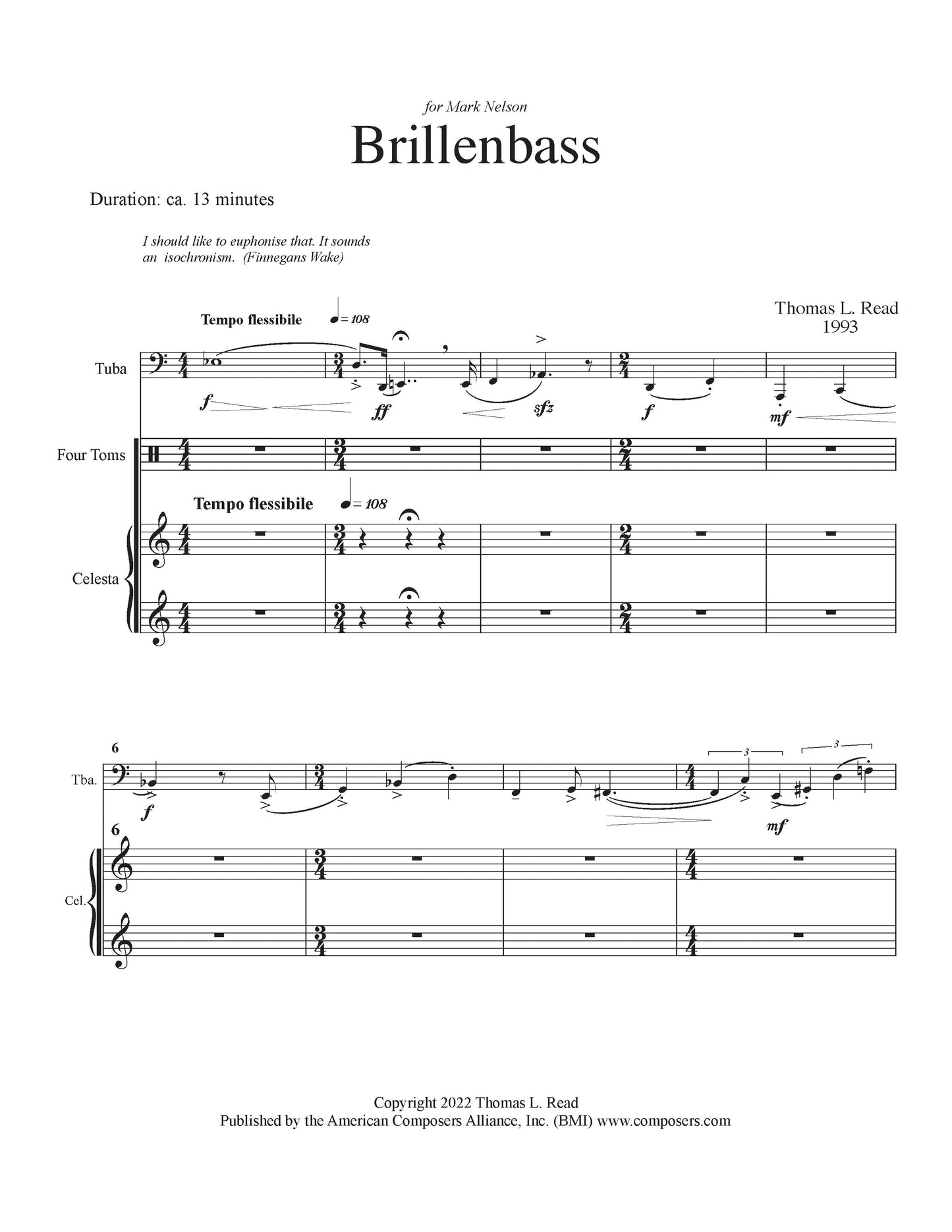 Brillenbass for Tuba, Celesta, and Tom-Toms