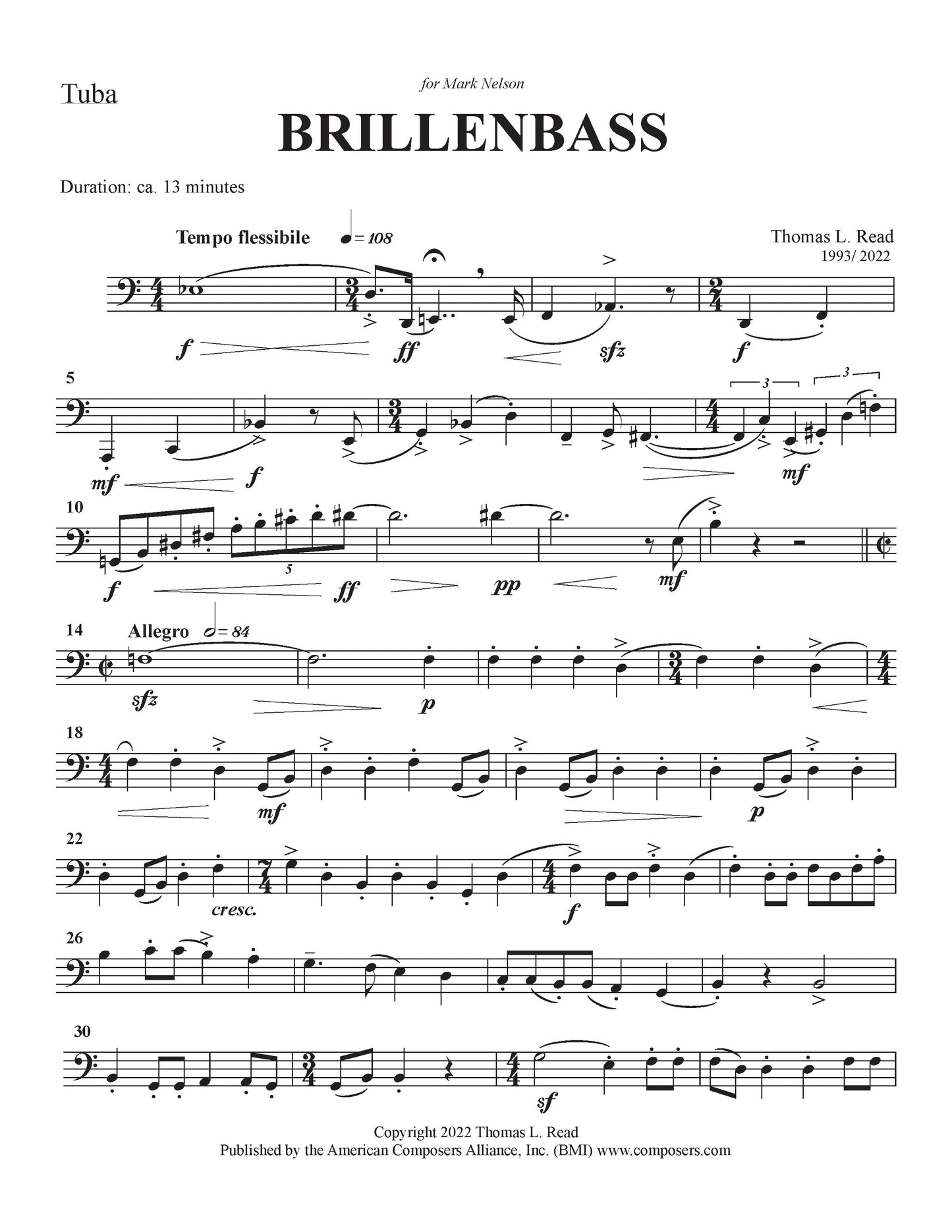 Brillenbass for Tuba, Celesta, and Tom-Toms