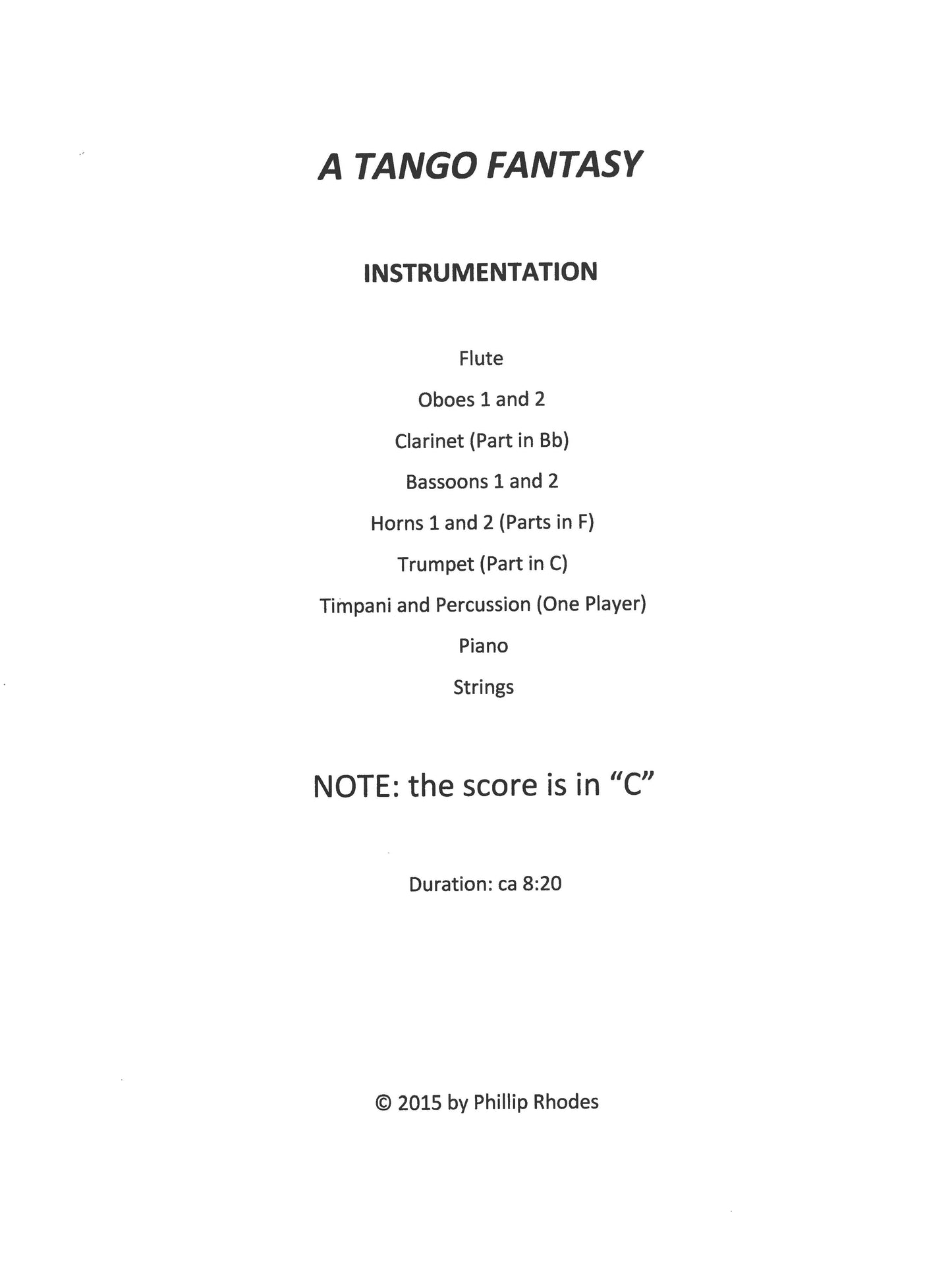 TANGO FANTASY for CHAMBER ORCHESTRA