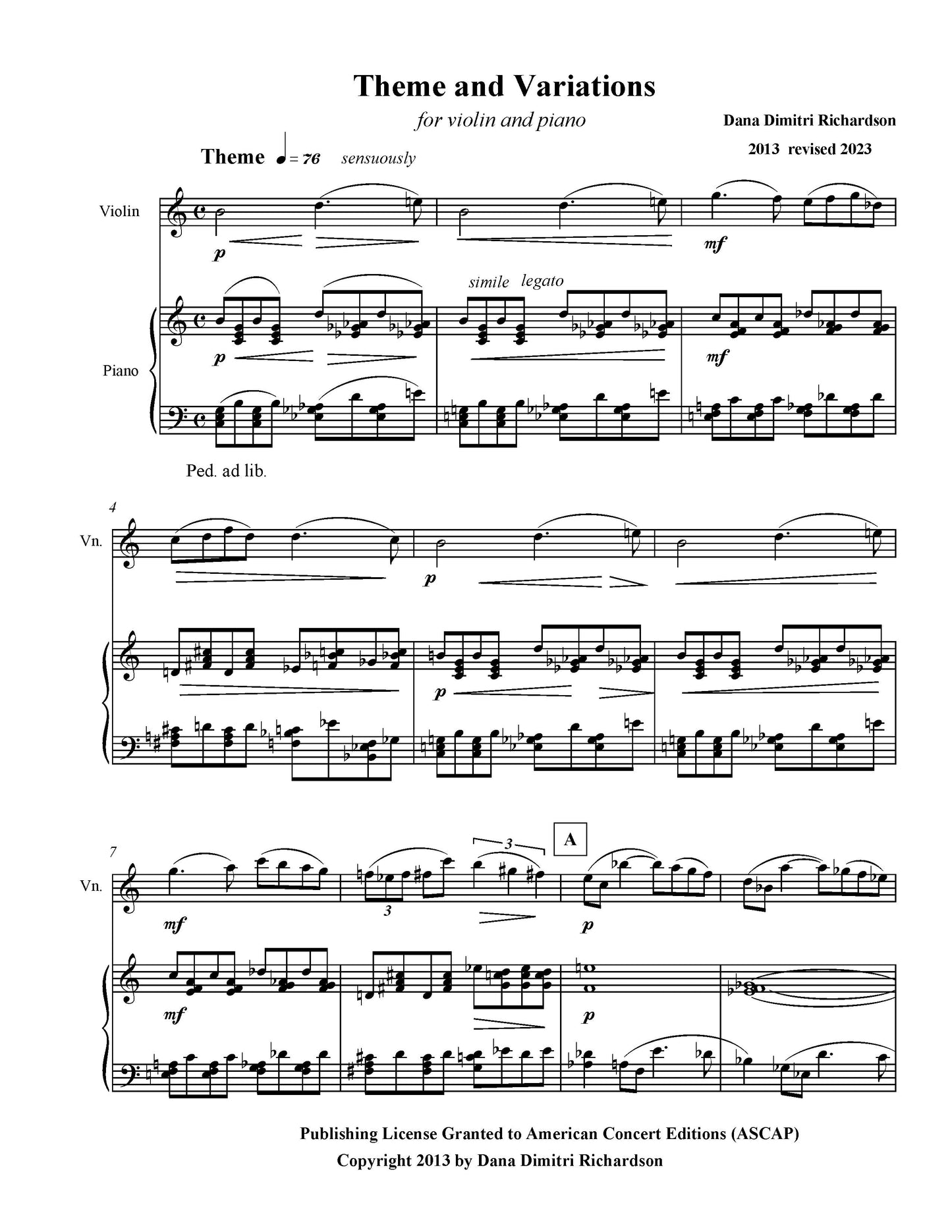 Theme and Variations - for Violin and Piano