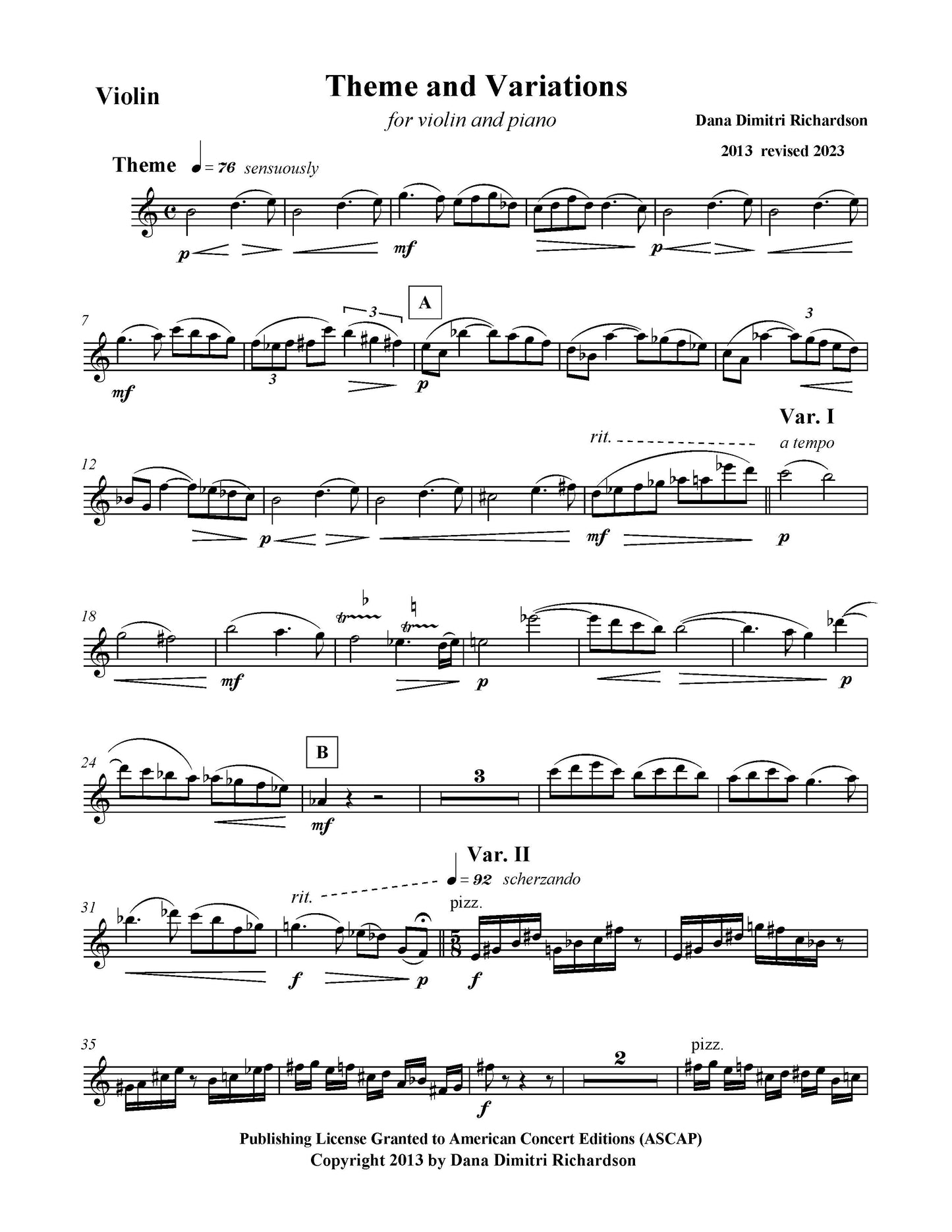 Theme and Variations - for Violin and Piano