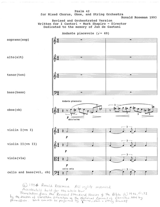 Psalm 42 for Mixed Chorus, Oboe, and String Orchestra