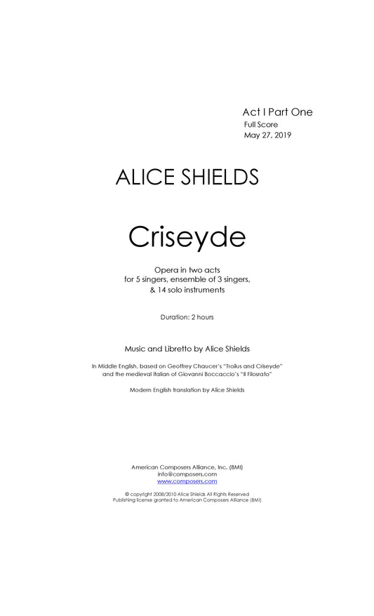 CRISEYDE - Opera in Two Acts