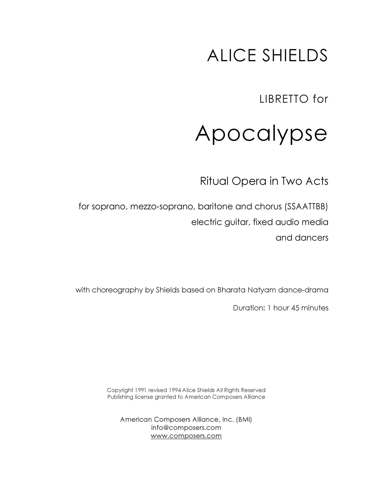 Apocalypse - Opera in Two Acts - Libretto