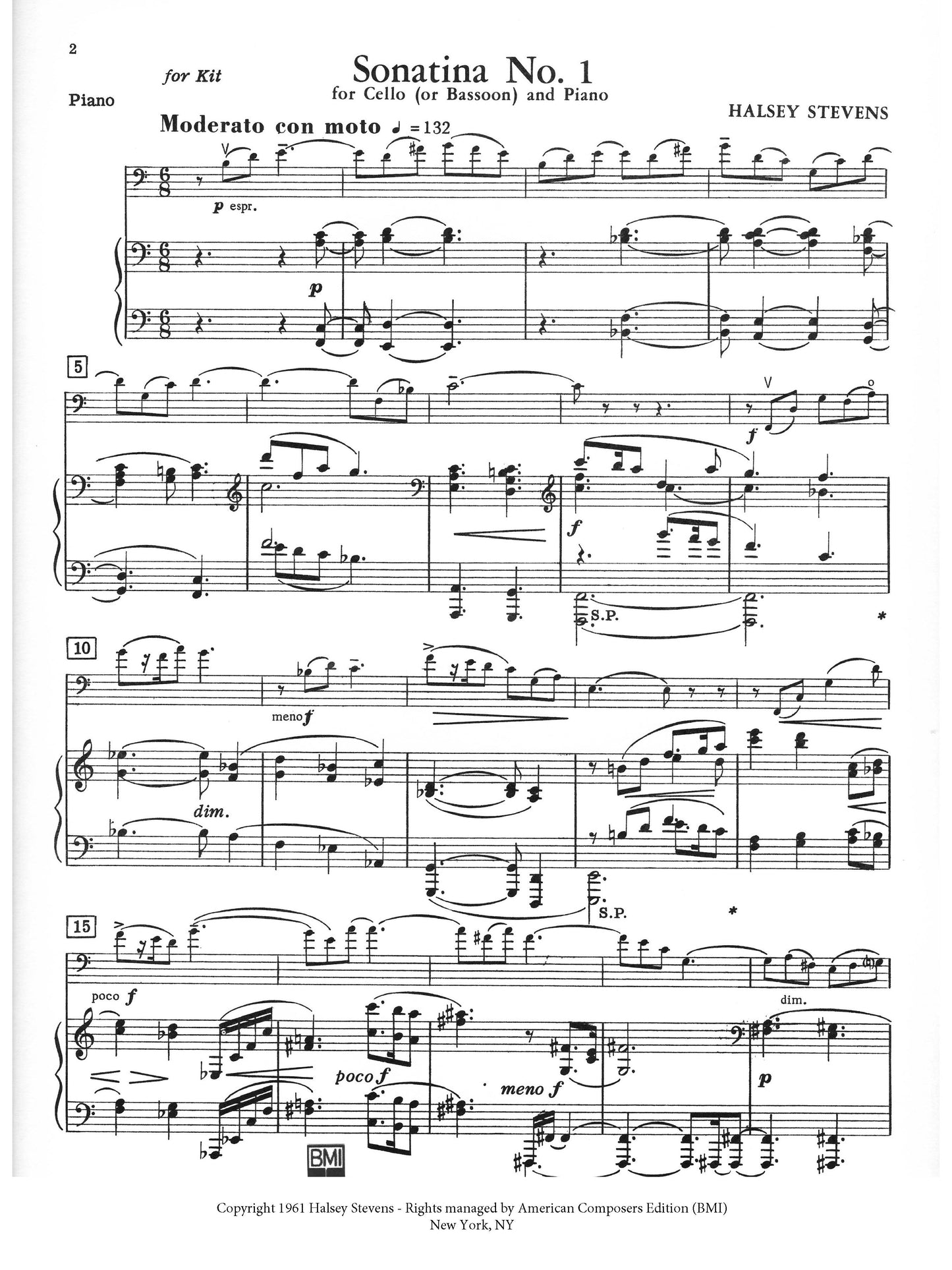 SONATINA No 1 for cello or bassoon and piano