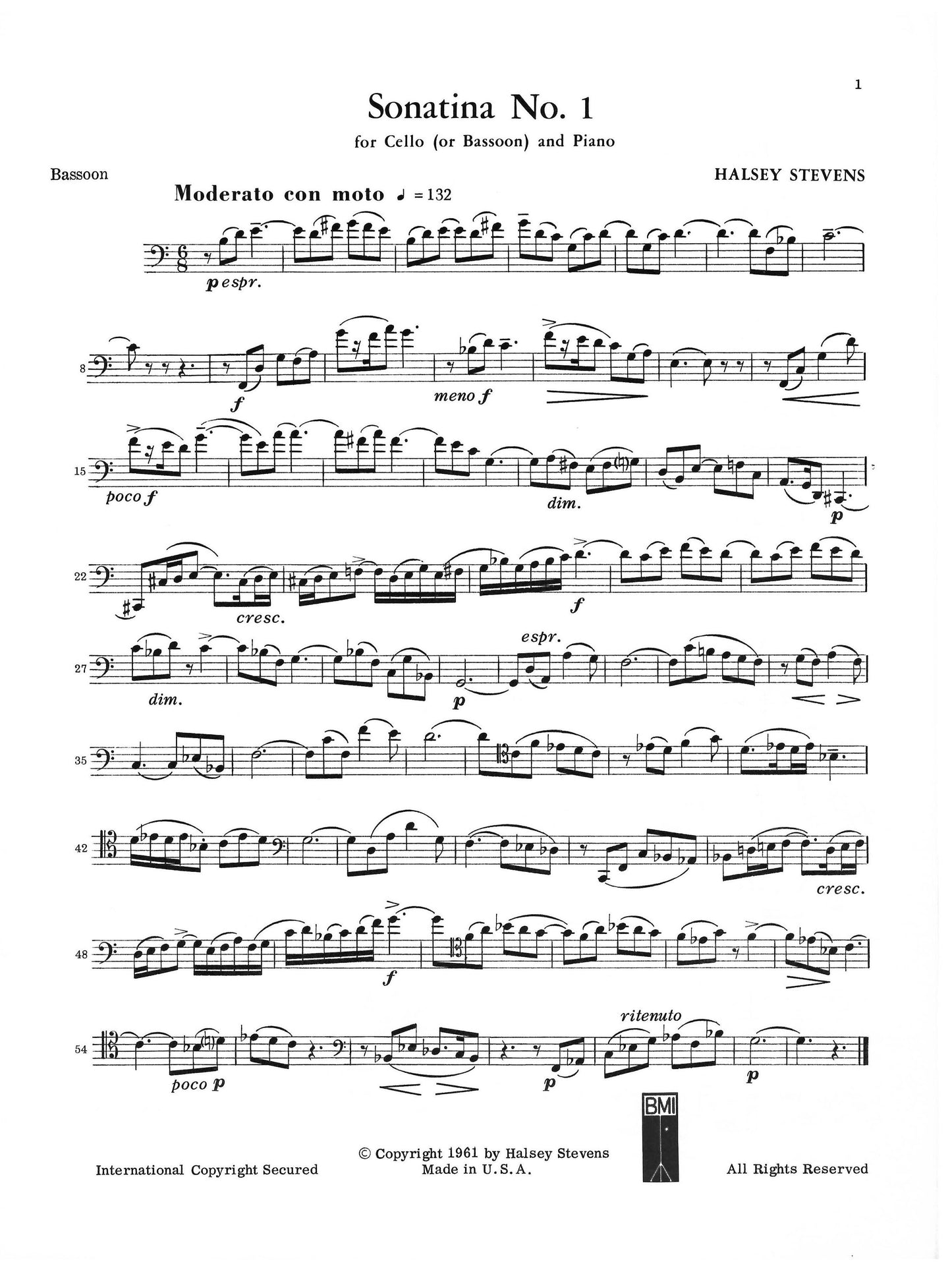 SONATINA No 1 for cello or bassoon and piano