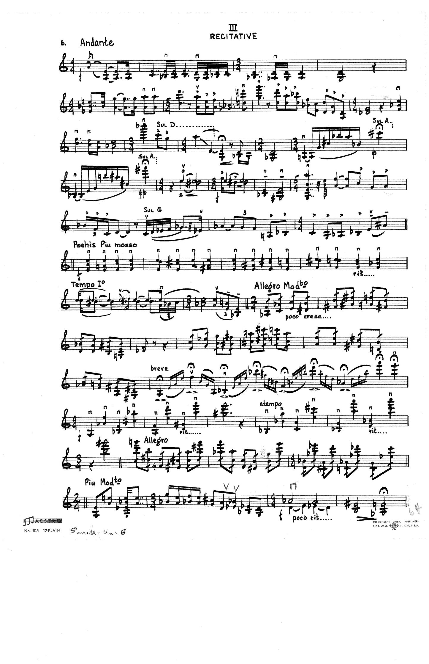 SONATA, for Solo Violin