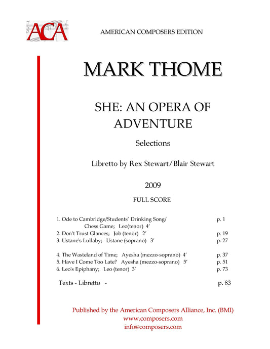 SHE: an opera of adventure, Selections