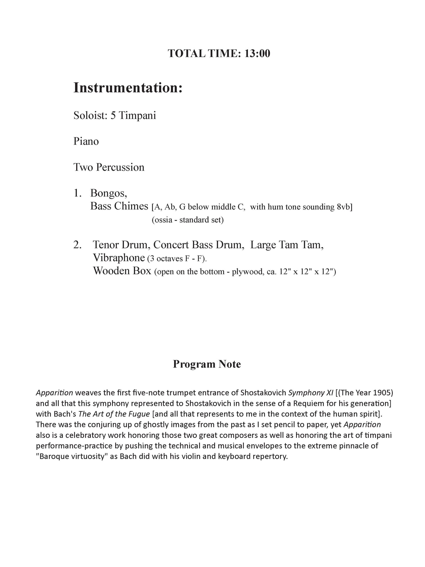 Apparition - for Solo Timpani, Piano, and Two Percussion