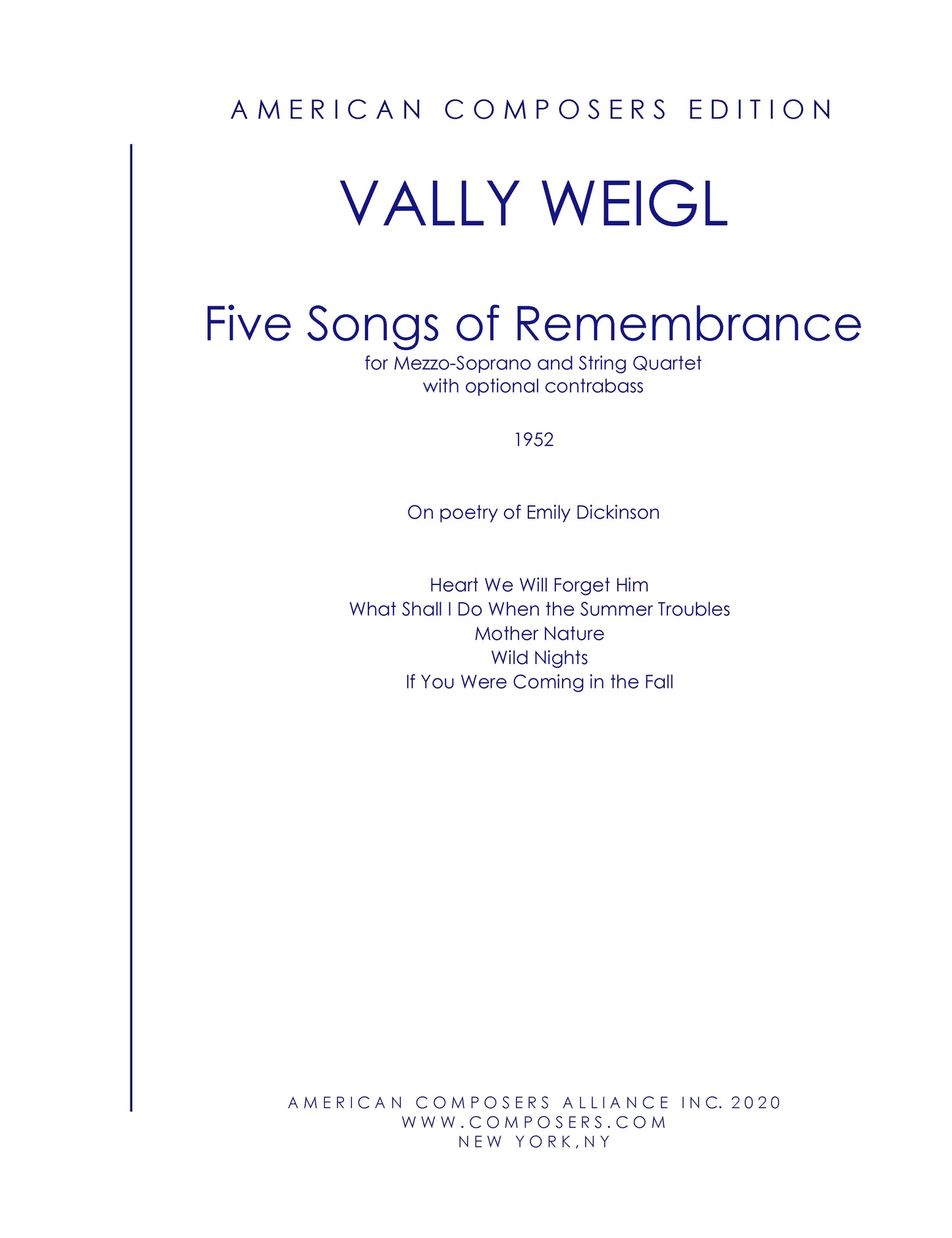 FIVE SONGS OF REMEMBRANCE - Mezzo Soprano, String Quartet