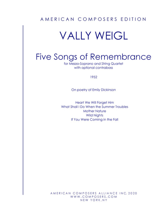 FIVE SONGS OF REMEMBRANCE - Mezzo Soprano, String Quartet