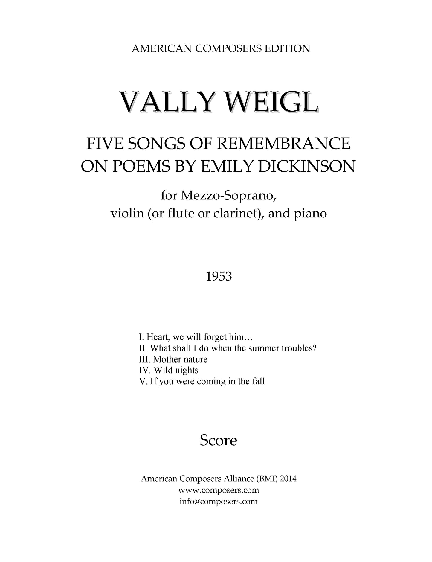 FIVE SONGS OF REMEMBRANCE - Mezzo Soprano, String Quartet