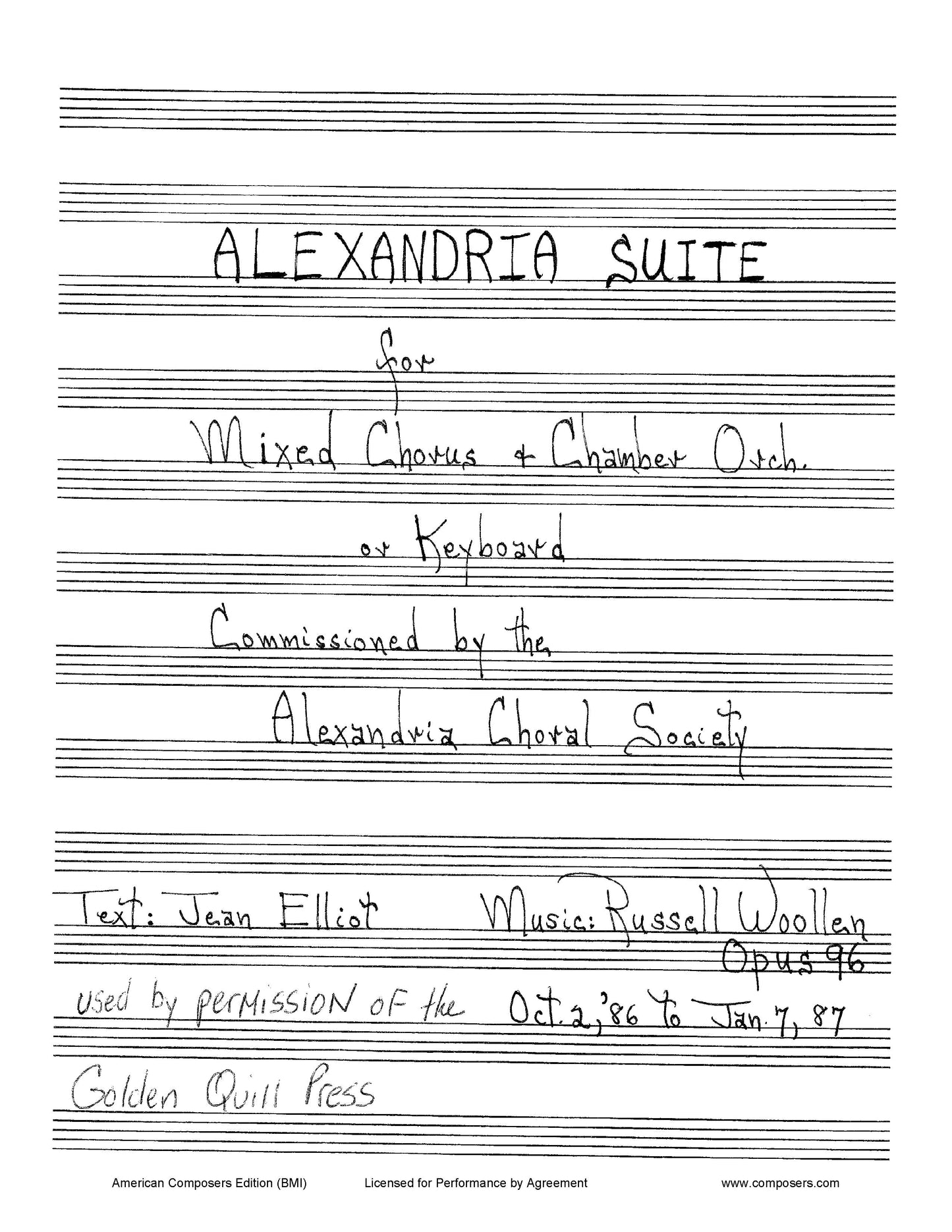 ALEXANDRIA SUITE - SATB Piano Vocal Score