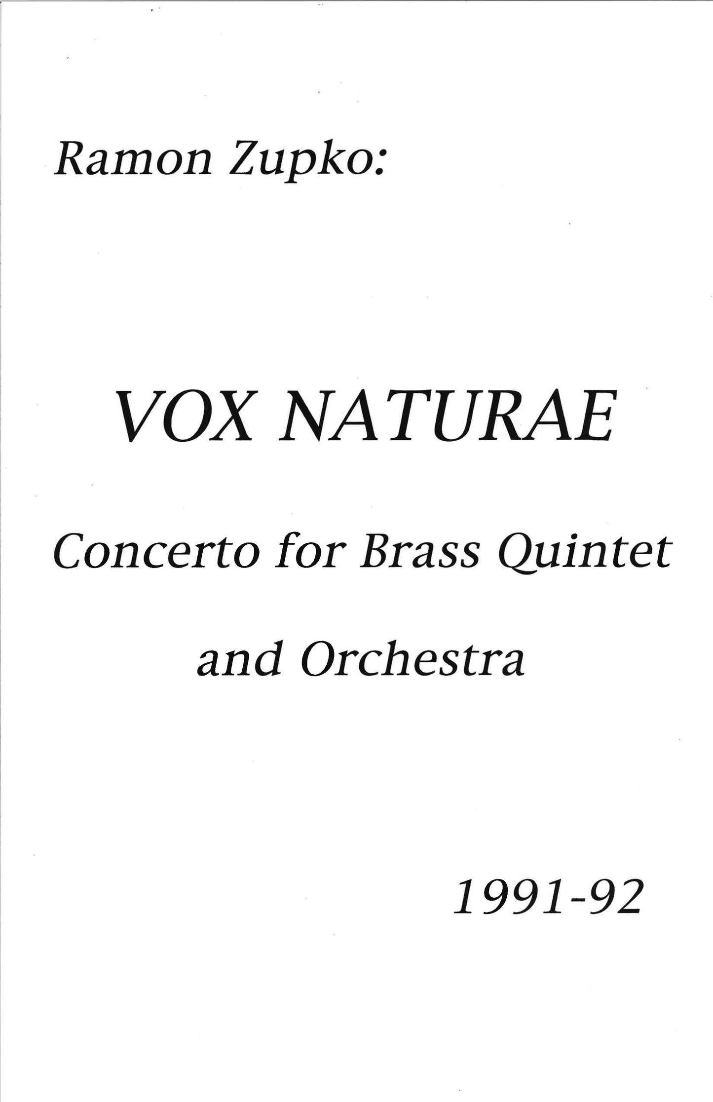 VOX NATURAE, Concerto for Brass Quintet and Orchestra