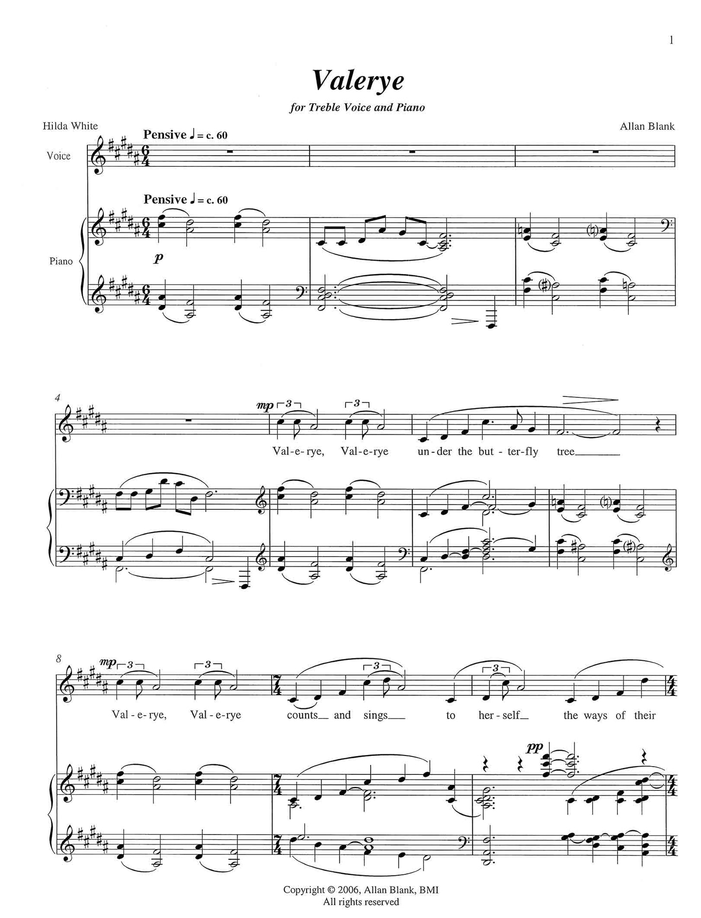 VALERYE for Treble Voice and Piano