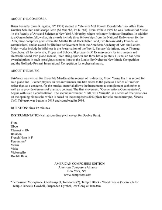 Tableaux: Chamber Concerto for Piano and 10 Instruments