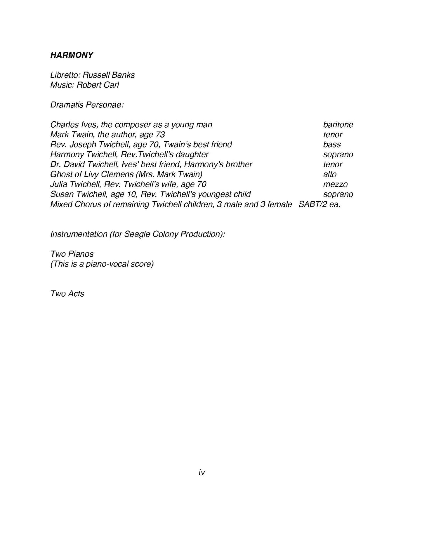 Harmony - Opera in Two Acts