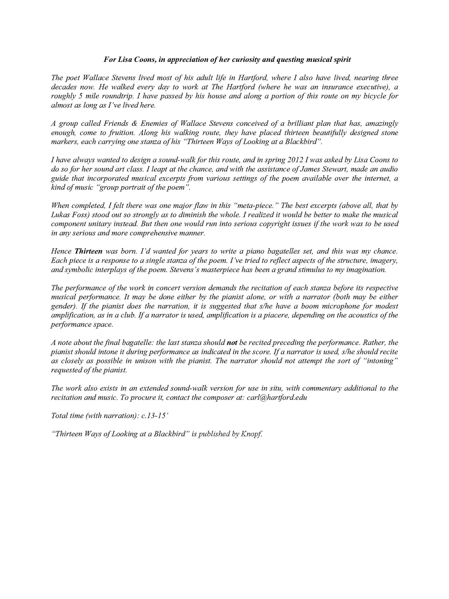 Thirteen Bagatelles For Piano (After Wallace Stevens)