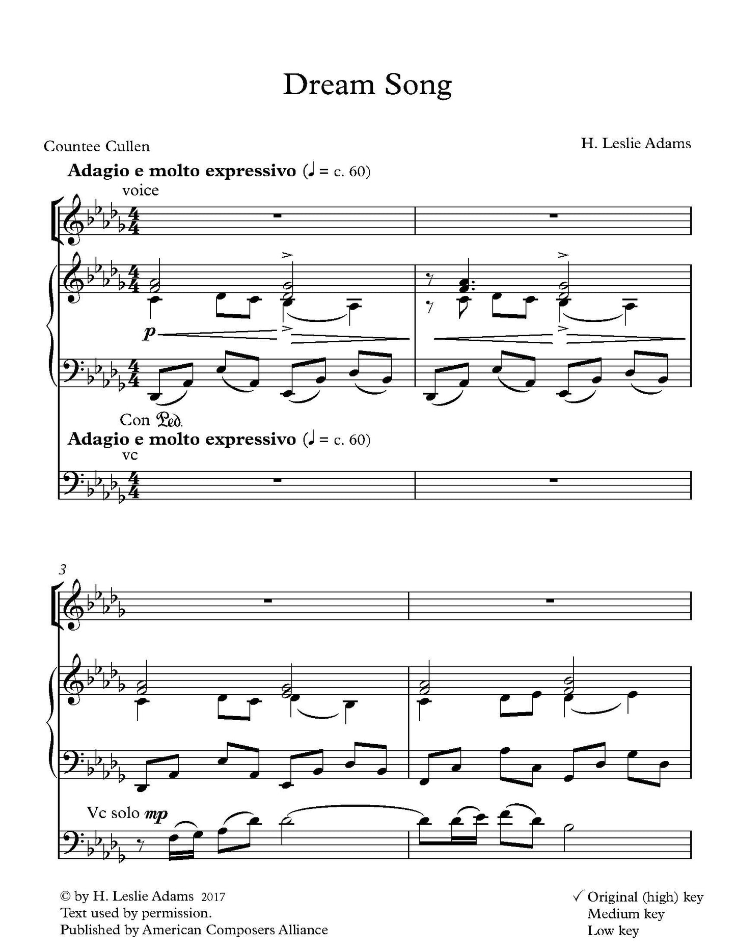 Dream Song for Voice, Cello, and Piano (4 voice ranges)