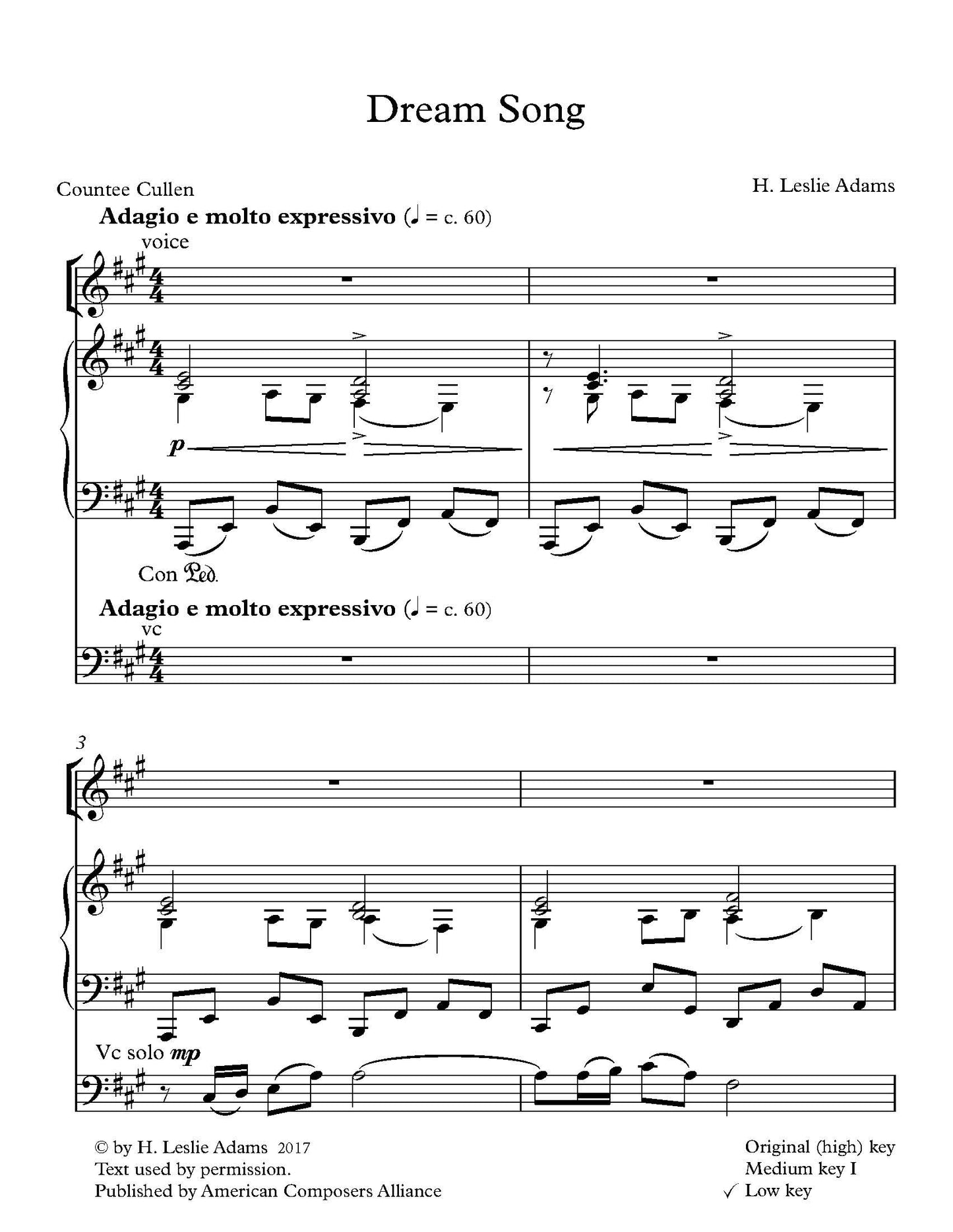 Dream Song for Voice, Cello, and Piano (4 voice ranges)