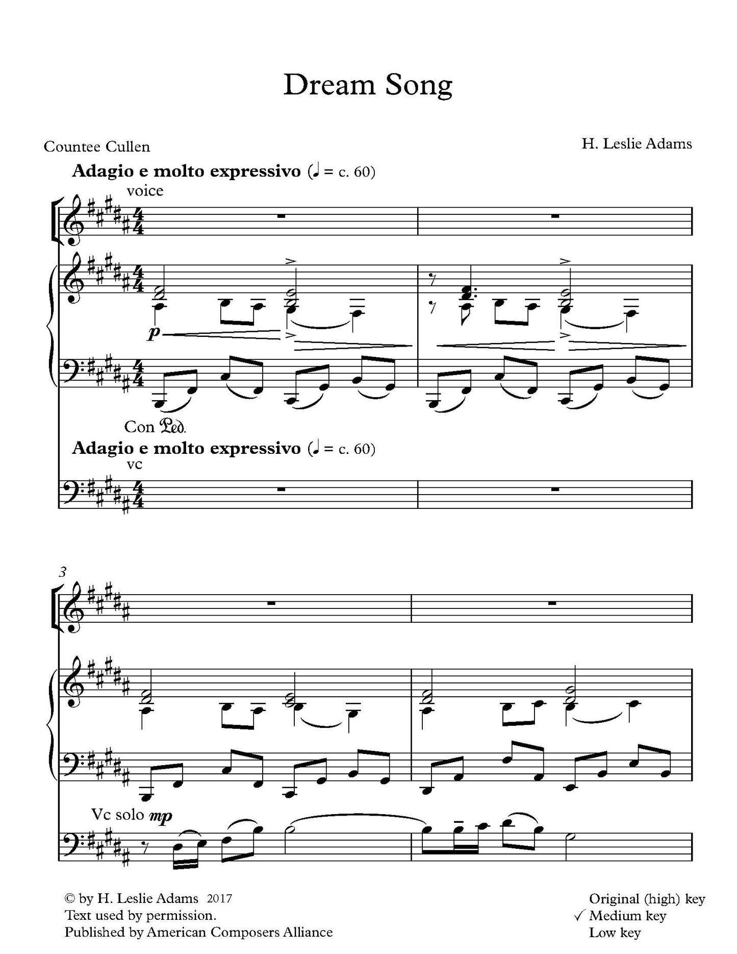 Dream Song for Voice, Cello, and Piano (4 voice ranges)