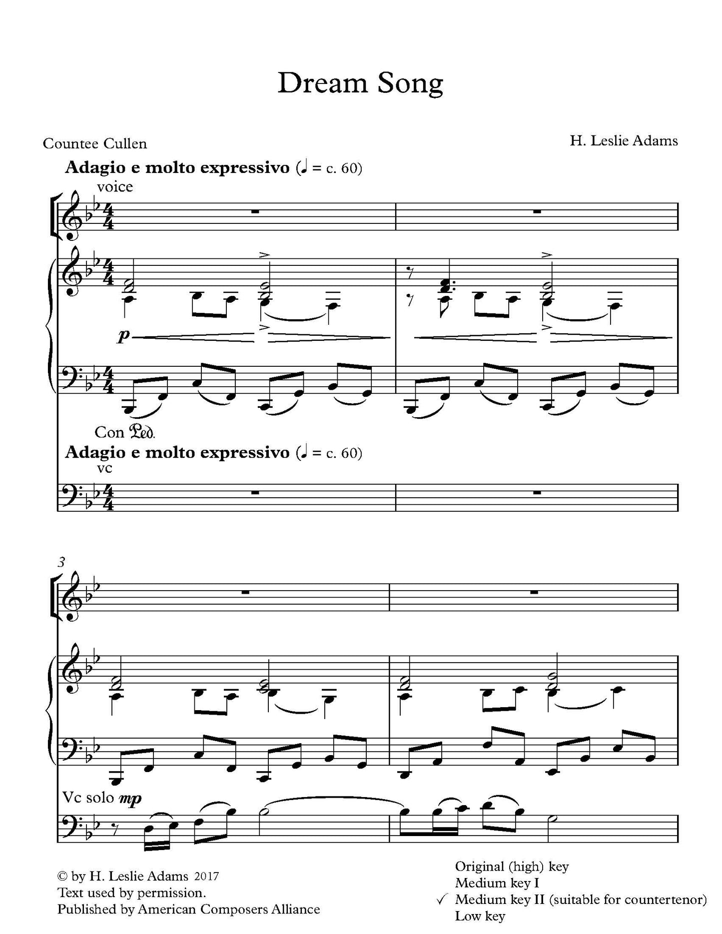 Dream Song for Voice, Cello, and Piano (4 voice ranges)