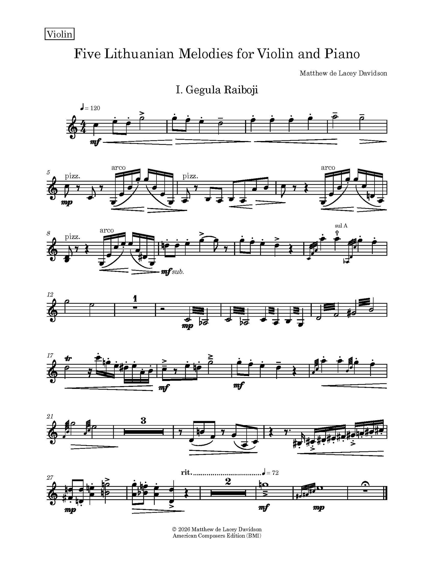 Five Lithuanian Melodies for Violin and Piano