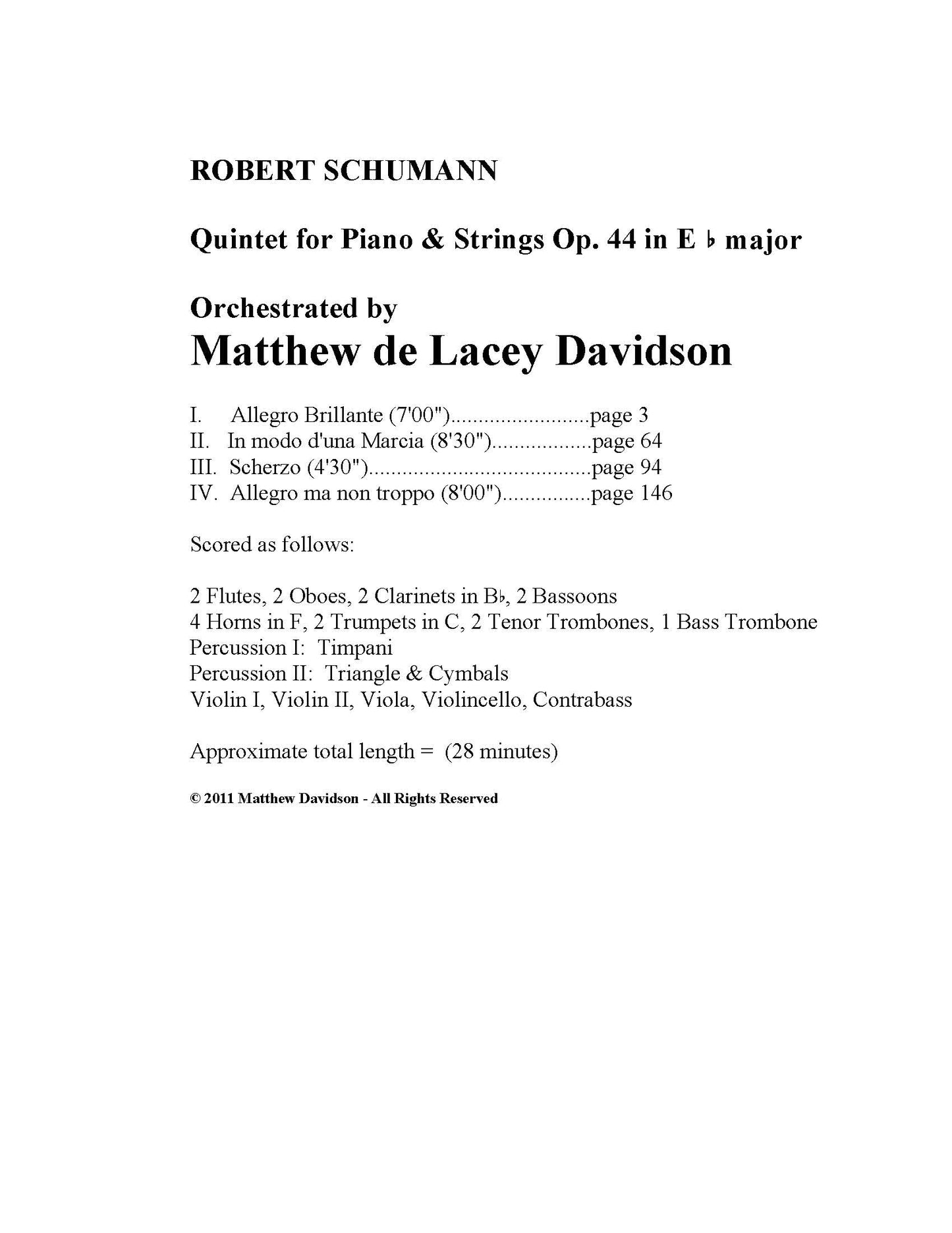 Robert Schumann -- Quintet For Piano And Strings - Davidson, Orch.