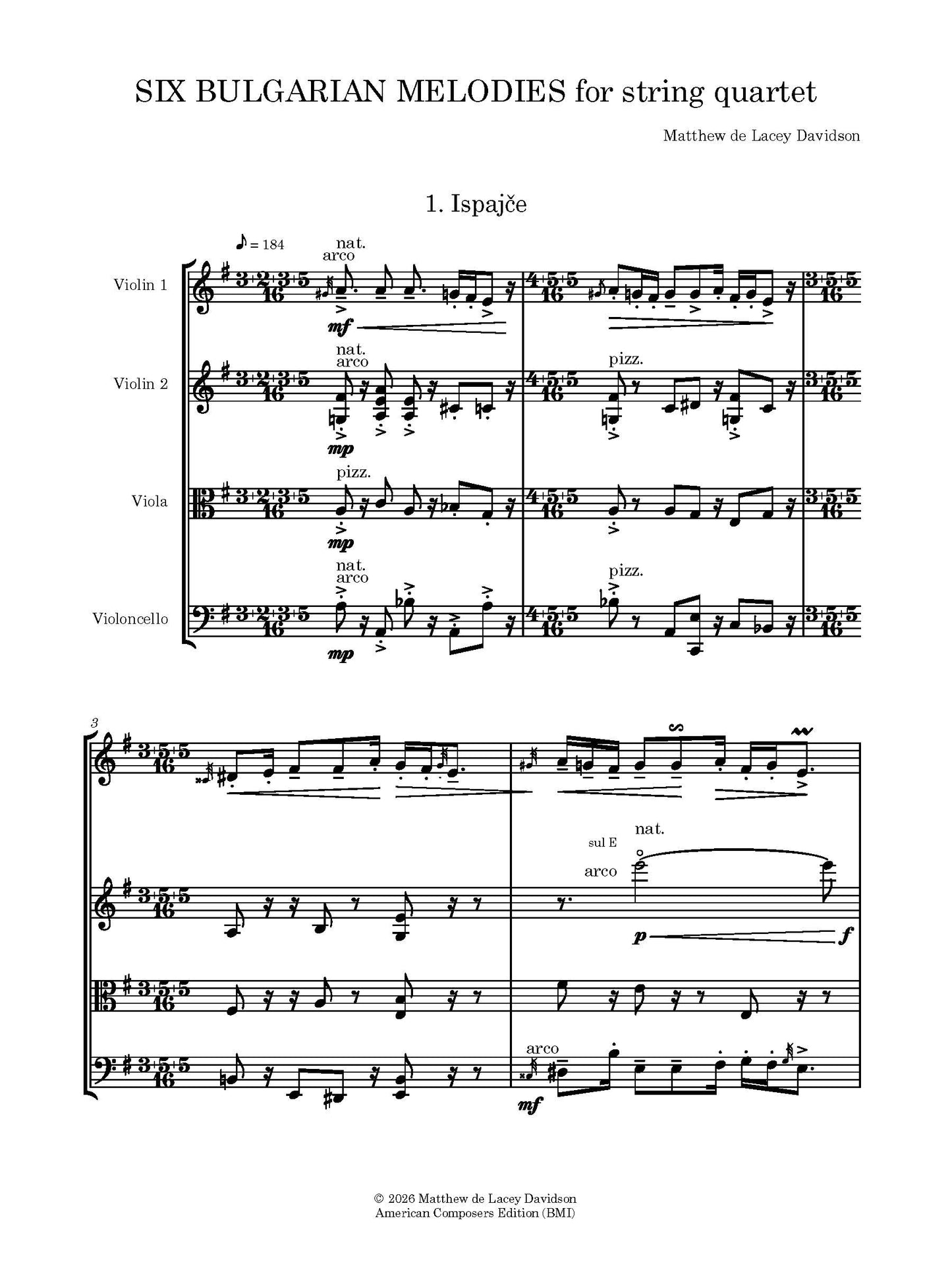 Six Bulgarian Melodies for String Quartet