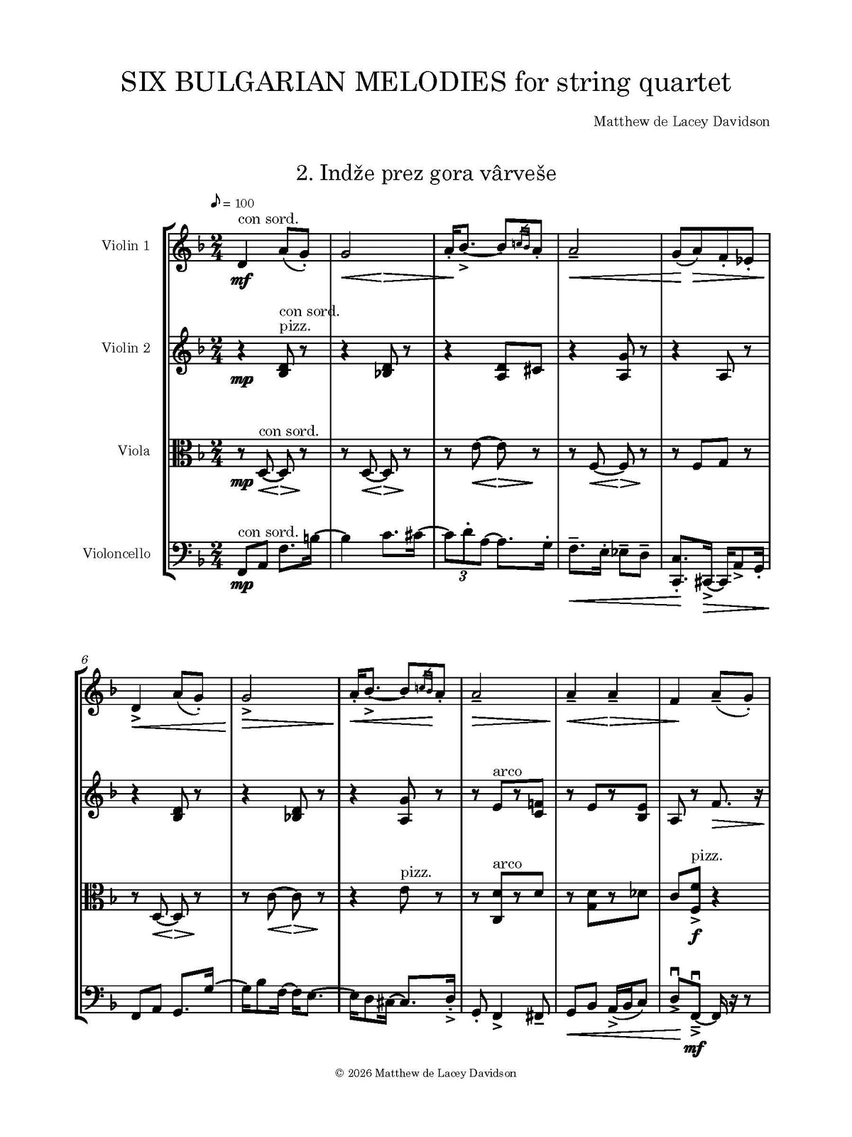 Six Bulgarian Melodies for String Quartet