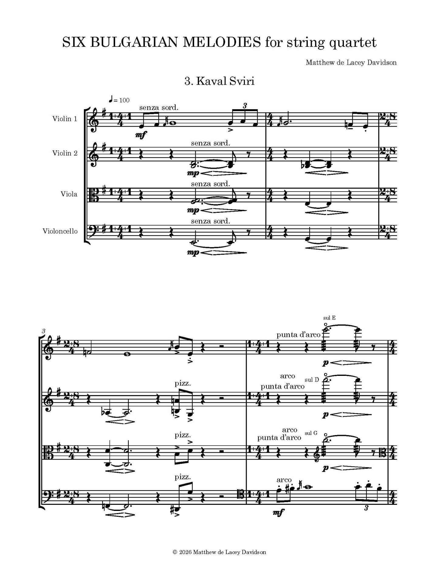 Six Bulgarian Melodies for String Quartet