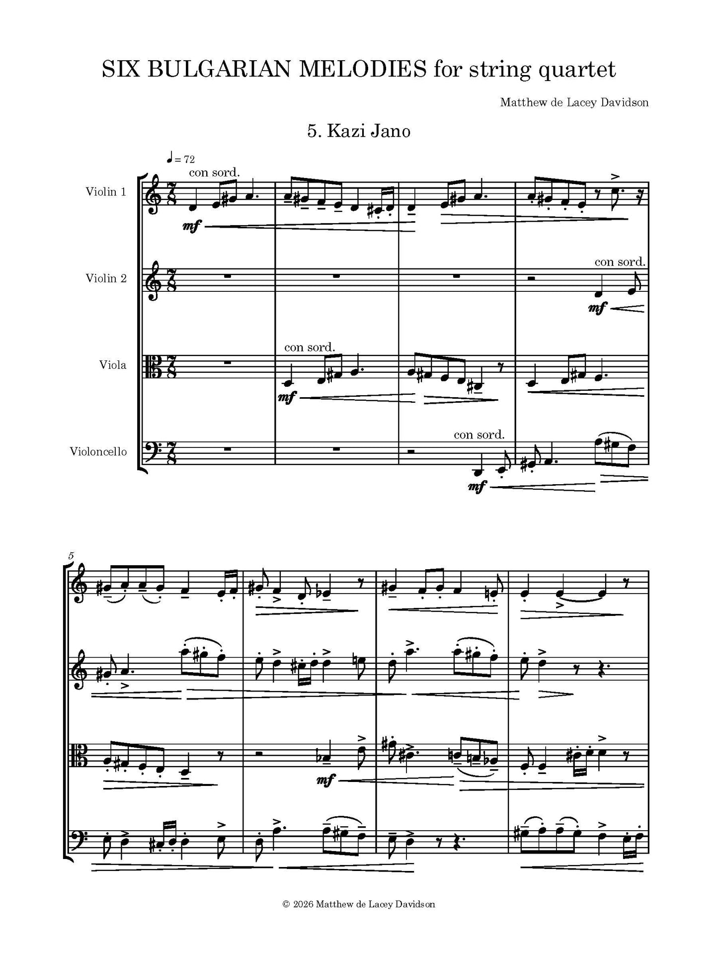 Six Bulgarian Melodies for String Quartet