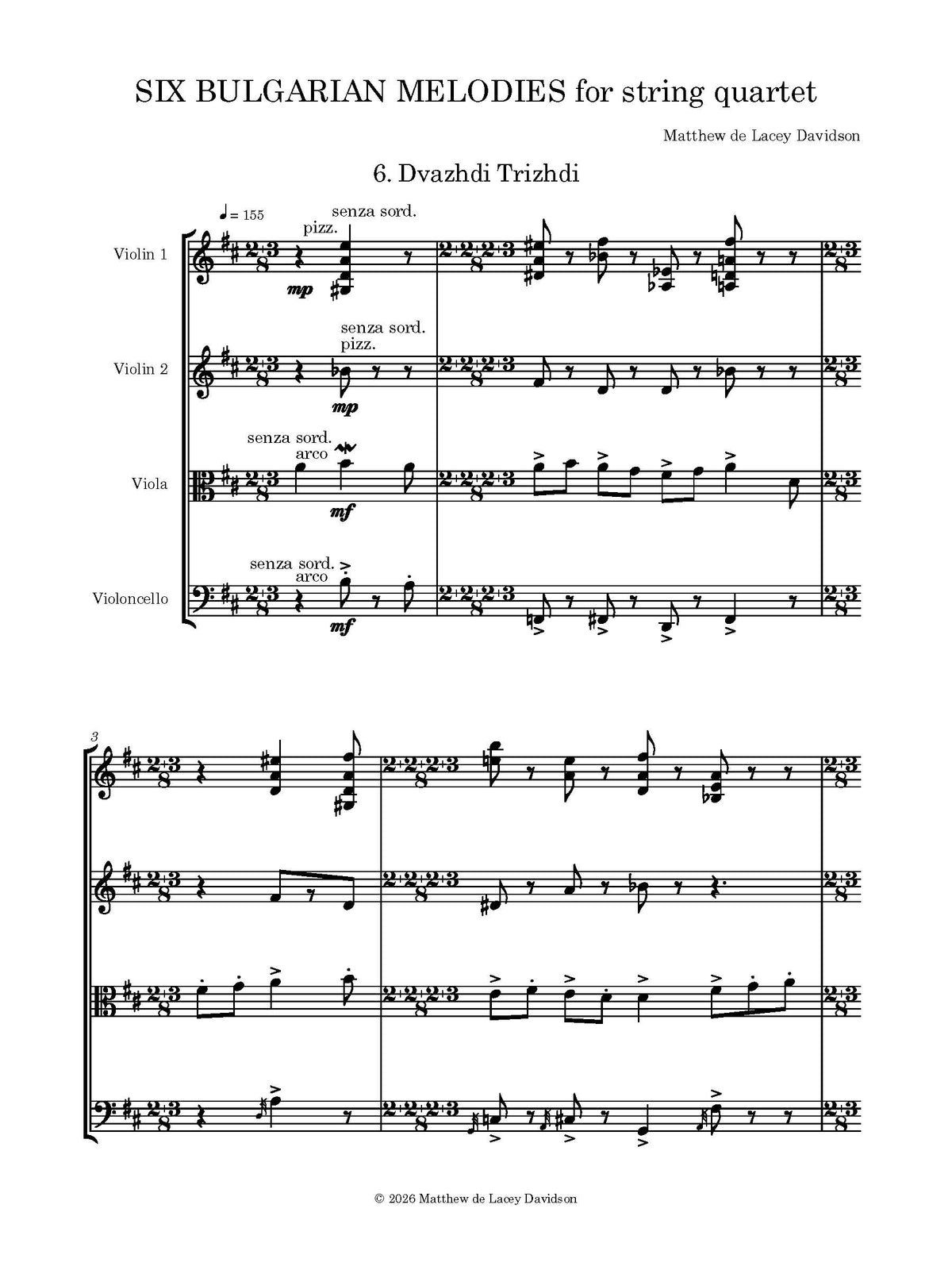Six Bulgarian Melodies for String Quartet