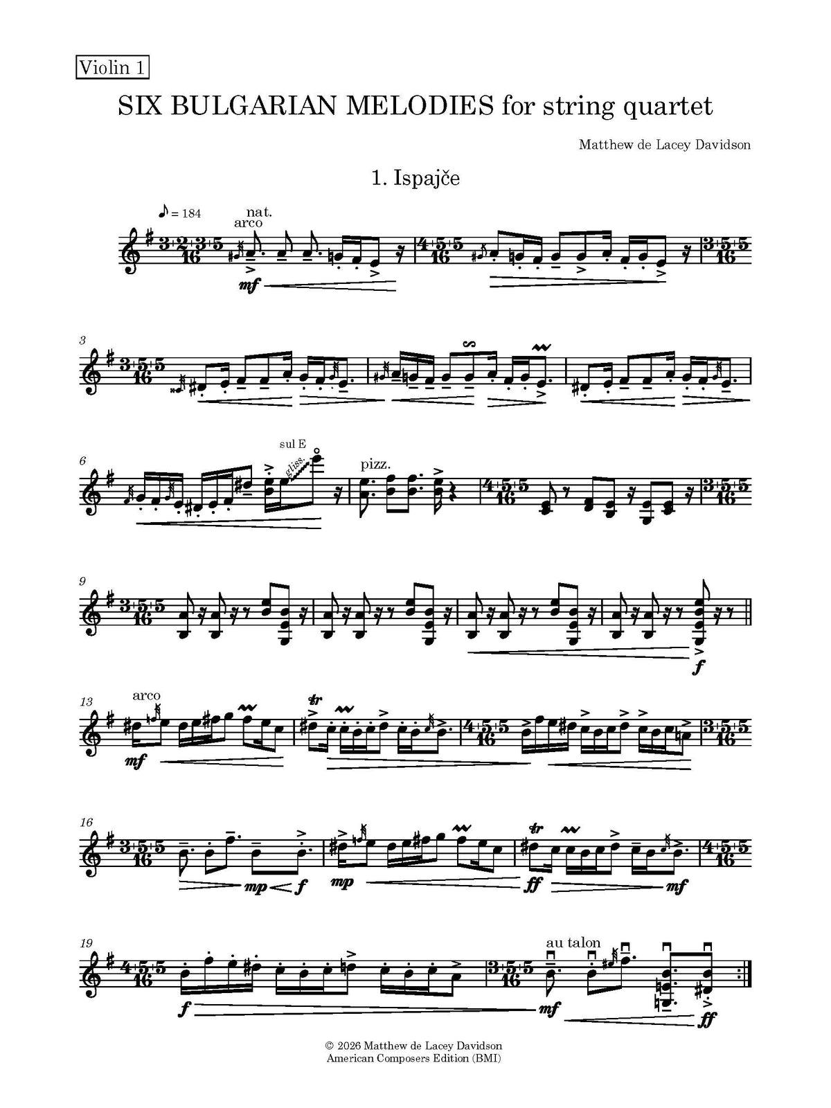 Six Bulgarian Melodies for String Quartet
