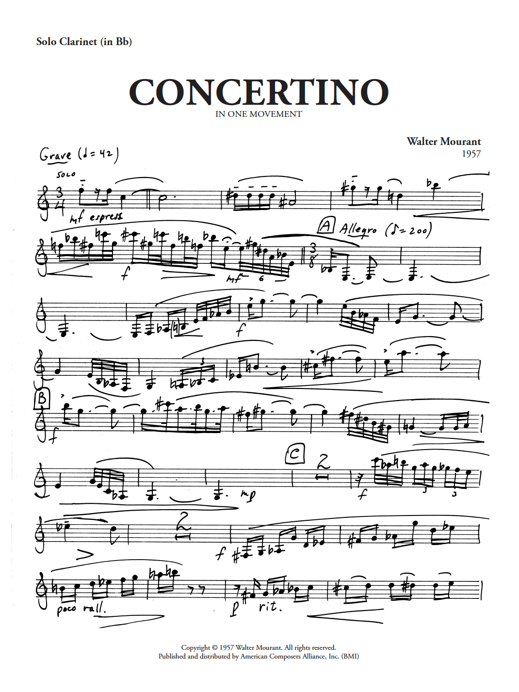 Concertino in One Movement for Clarinet & Small Orchestra - Piano Reduction