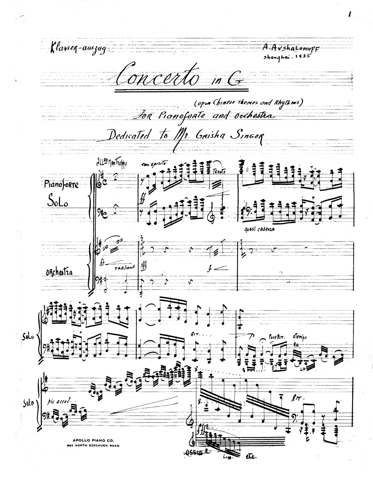 PIANO CONCERTO IN G (Concerto on Chinese Themes) - reduced score for 2 pianos